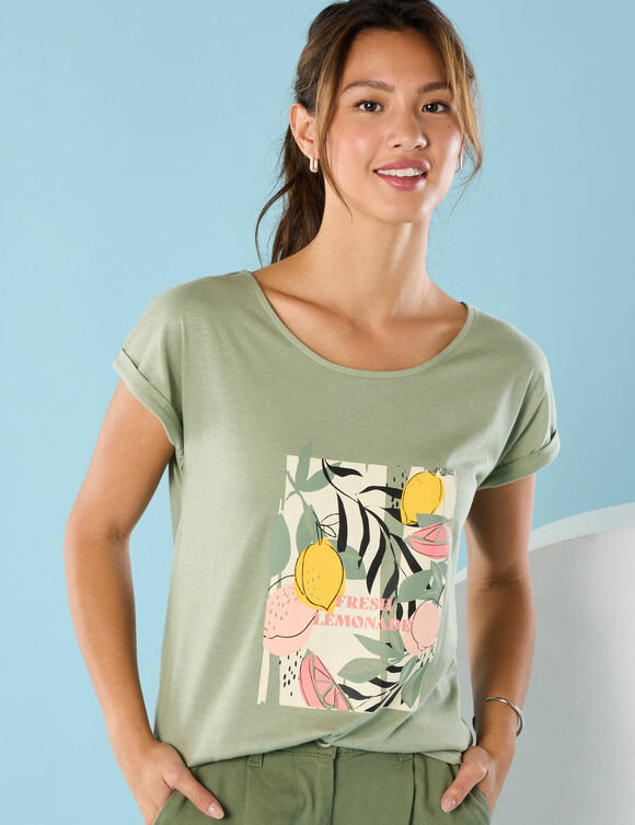 T-shirt manches courtes imprimé placé, Spécial Petites (vert tilleul) T-shirt manches courtes imprimé placé, Spécial Petites (vert tilleul)